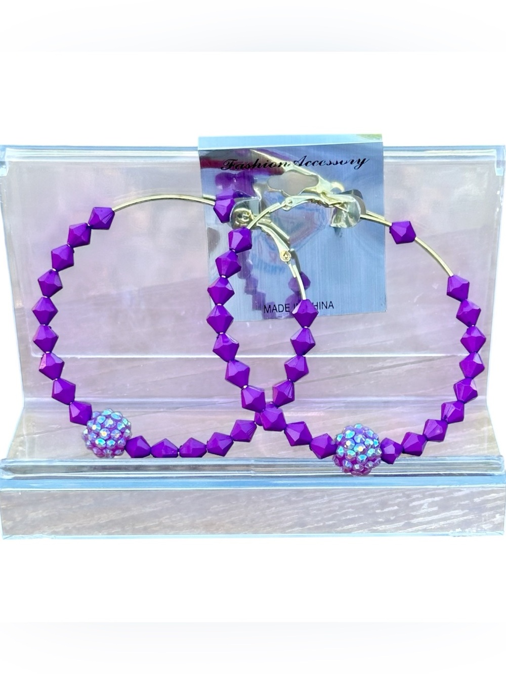 Purple Beaded XL Hoop Earrings with Sparkle Accent